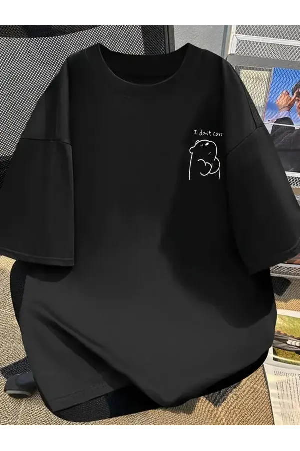 [Günlük T-Shirt] Hafif Kadın Günlük T-Shirt | Bol Kesim, Kısa Kollu, Yuvarlak Yaka, Eğlenceli Karikatür Ayı ve 